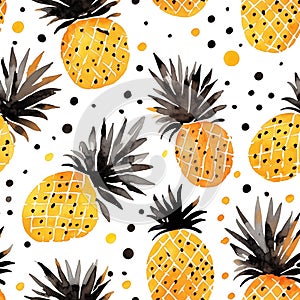 Watercolor seamless pattern with pineapples anl polka dots isolated on white background