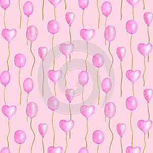 Watercolor seamless pattern with pink balloons. Hand drawn cute air balloons for kids, baby girl Birthday celebration