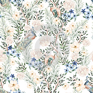 Watercolor seamless pattern with pink and blue flowers and leaves, different leaves and peacoc bird.