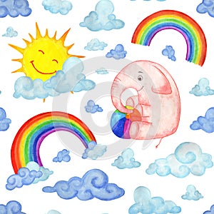 Watercolor seamless pattern pink elephant with ball, clouds, rainbow. An endlessly repeating pattern.