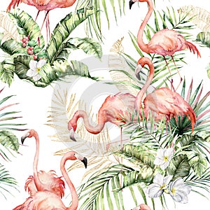 Watercolor seamless pattern with pink flamingos, linear gold leaves and tropical flowers. Hand painted floral