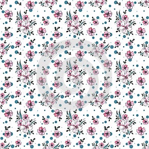 Watercolor seamless pattern with pink flowers and leaves.