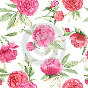 Watercolor seamless pattern with pink peonies and green and gold leaves on a wwhite background, hand-drawn.