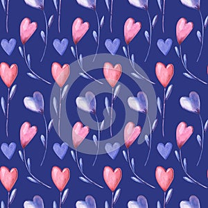 Watercolor seamless pattern with pink, purple heart flowers on dark blue