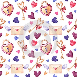 Watercolor seamless pattern of pink,purple heart,key, envelope on white background