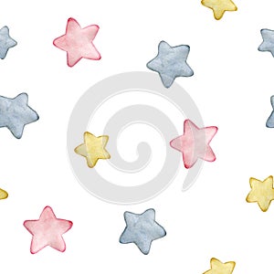 Watercolor seamless pattern with pink, yellow and blue cartoon stars