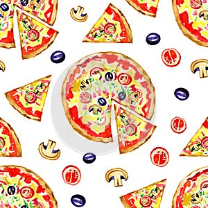 Watercolor seamless pattern of pizza. Hand drawn illustration isolated on white background