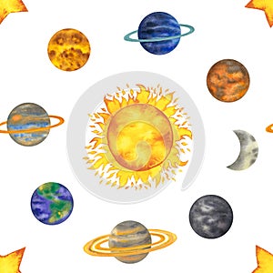 Watercolor seamless pattern with planets around the sun. Solar system planet mercury, venus, earth, mars, jupiter