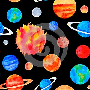 Watercolor seamless pattern of planets on dark background