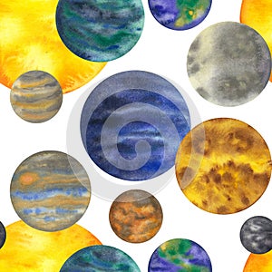 Watercolor seamless pattern with planets of the solar system mercury, venus, earth, mars, jupiter, saturn, uranus