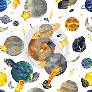 Watercolor seamless pattern with planets of the solar system mercury, venus, earth, mars, jupiter, saturn, uranus