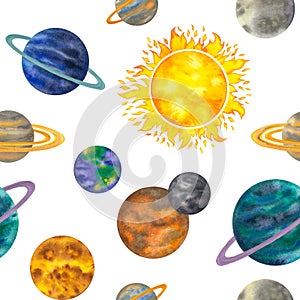 Watercolor seamless pattern with planets of the solar system mercury, venus, earth, mars, jupiter, saturn, uranus