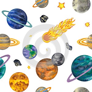 Watercolor seamless pattern with planets of the solar system mercury, venus, earth, mars, jupiter, saturn, uranus