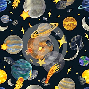 Watercolor seamless pattern with planets of the solar system mercury, venus, earth, mars, jupiter, saturn, uranus