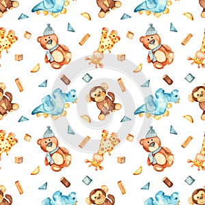 Watercolor seamless pattern with plush animals toys on white background