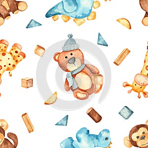 Watercolor seamless pattern with plush animals toys on white background