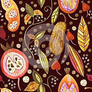 Watercolor seamless pattern with pods, seeds, fruits and leaves. Autumn cute doodle background for design and textile.