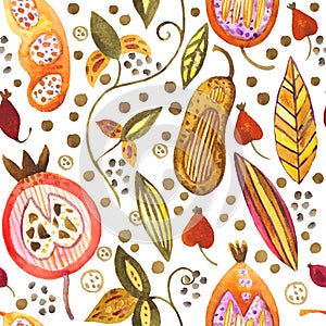 Watercolor seamless pattern with pods, seeds, fruits and leaves. Autumn cute doodle background for design and textile.