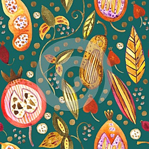 Watercolor seamless pattern with pods, seeds, fruits and leaves. Autumn cute doodle background for design and textile.