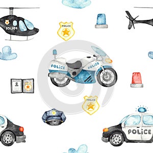 Watercolor seamless pattern with police helicopter, car, motorcycle and flashing lights