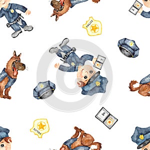 Watercolor seamless pattern with police officer, dog, badge, police cap