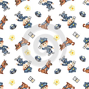 Watercolor seamless pattern with police officer, dog, badge, police cap on a white background