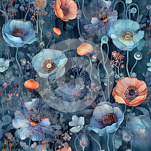 Watercolor seamless pattern with poppies in blue tones. Floral background for gift wrap. Generative AI