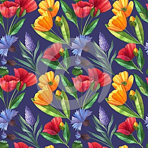 Watercolor seamless pattern with poppies, buttercups, lavender