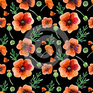 Watercolor seamless pattern poppy flowers and leaves