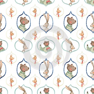 Watercolor seamless pattern with portraits animals