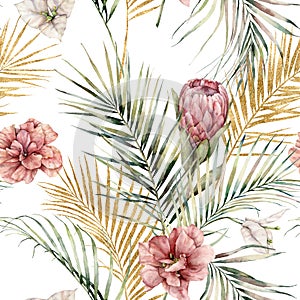 Watercolor seamless pattern with protea, hibiscus, bougainvillea and golden palm leaves. Hand painted tropical flowers