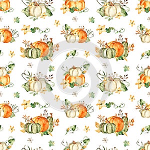 Watercolor seamless pattern with pumpkin compositions on a white background