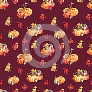 Watercolor seamless pattern with pumpkins, mushrooms and autumn leaves.