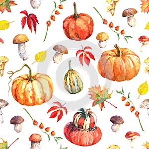 Watercolor seamless pattern with pumpkins, mushrooms and autumn leaves.