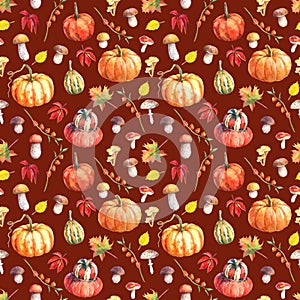 Watercolor seamless pattern with pumpkins, mushrooms and autumn leaves.