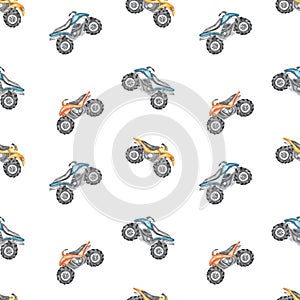 Watercolor seamless pattern with quad bike, multidirectional, children\'s print on a white background