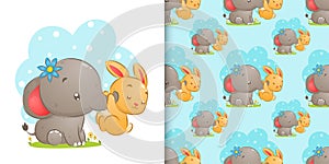 The watercolor of the seamless pattern of the rabbit holding the elephant`s trunk