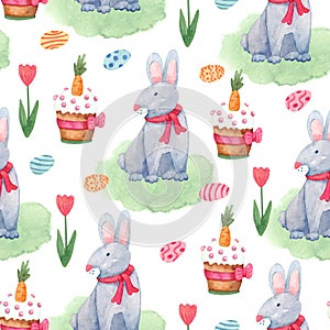 Watercolor seamless pattern with rabbits, eggs, tulip flowers and Easter cakes.