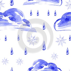 Watercolor seamless pattern with rain and snow.