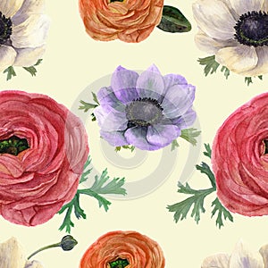 Watercolor seamless pattern with ranunculus and anemones. Hand drawn floral illustration with vintage background