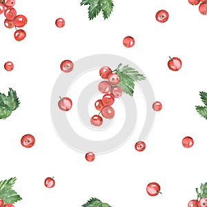 Watercolor seamless pattern with red currant berries on branches with leaves for textures and prints