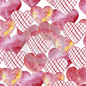 Watercolor seamless pattern with red hearts. Illustartion design about Happy Valentine`s day or wedding background for greeting c