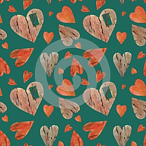 Watercolor seamless pattern with red hearts, old rusty key, vintage romantic rusric wedding decor, green background