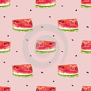 Watercolor seamless pattern from red juicy watermelon slicies.