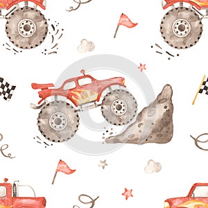 Watercolor seamless pattern with red monster trucks, mud, flags, track, splashes