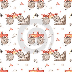 Watercolor seamless pattern with red monster trucks, mud, flags, track, splashes on a white background