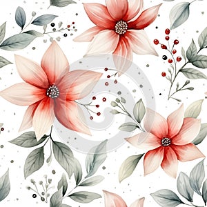 Watercolor seamless pattern with red poinsettia flowers and green foliage isolated on white background