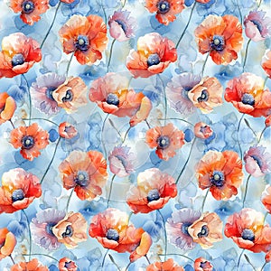 watercolor seamless pattern of red poppy flowers on a blue background