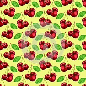 Watercolor seamless pattern of red ripe cherries with green leaf.Hand drawn elements on yellow background