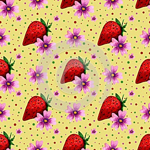 Watercolor seamless pattern with red strawberries,delicate flowers and colorful dots.On yellow background.